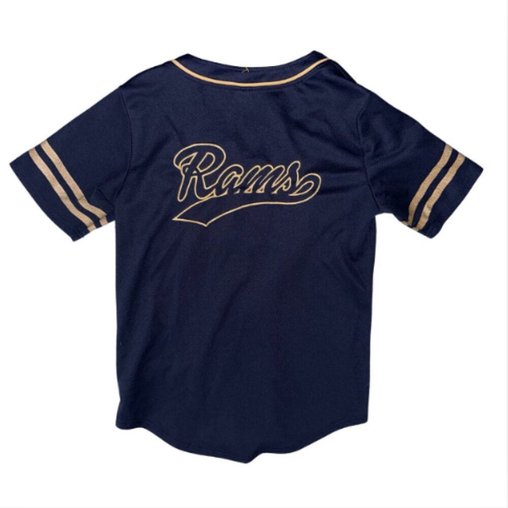 Blue Gold Rams Button Up Jersey Womens Medium Short Sleeve